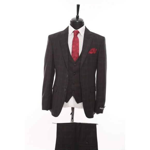 Derman Red Square Patterned Fabric 3 Piece Suit - Picture 1 of 6